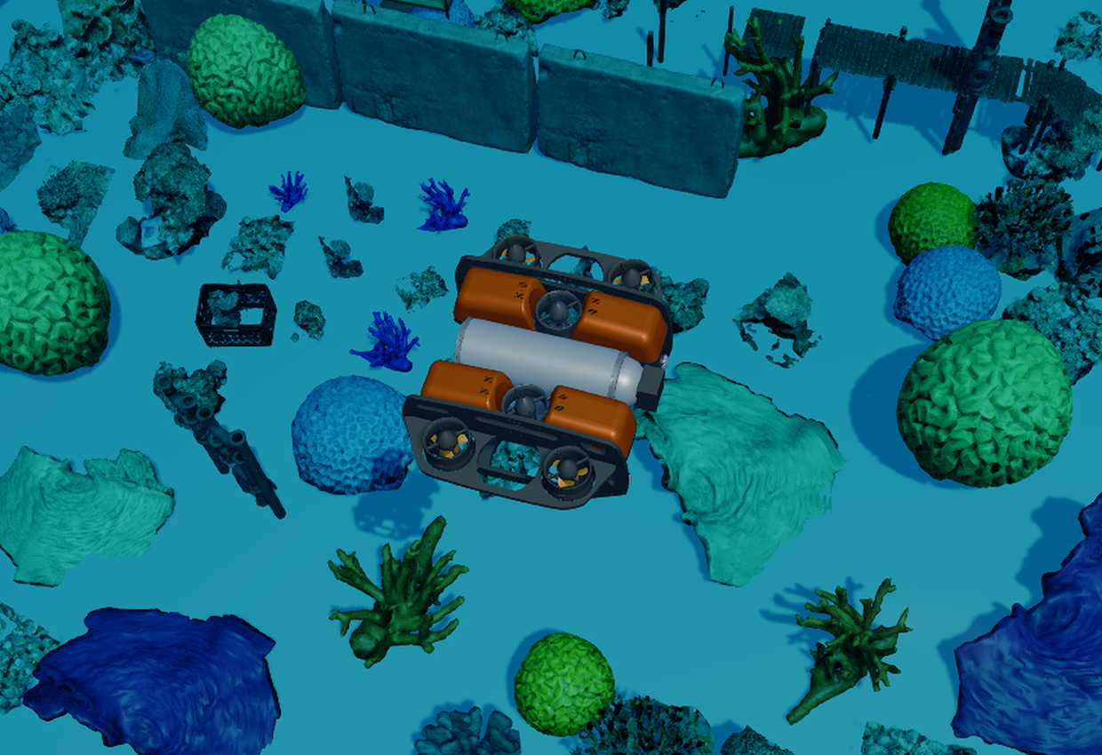 The survey vehicle over the reef in simulation.